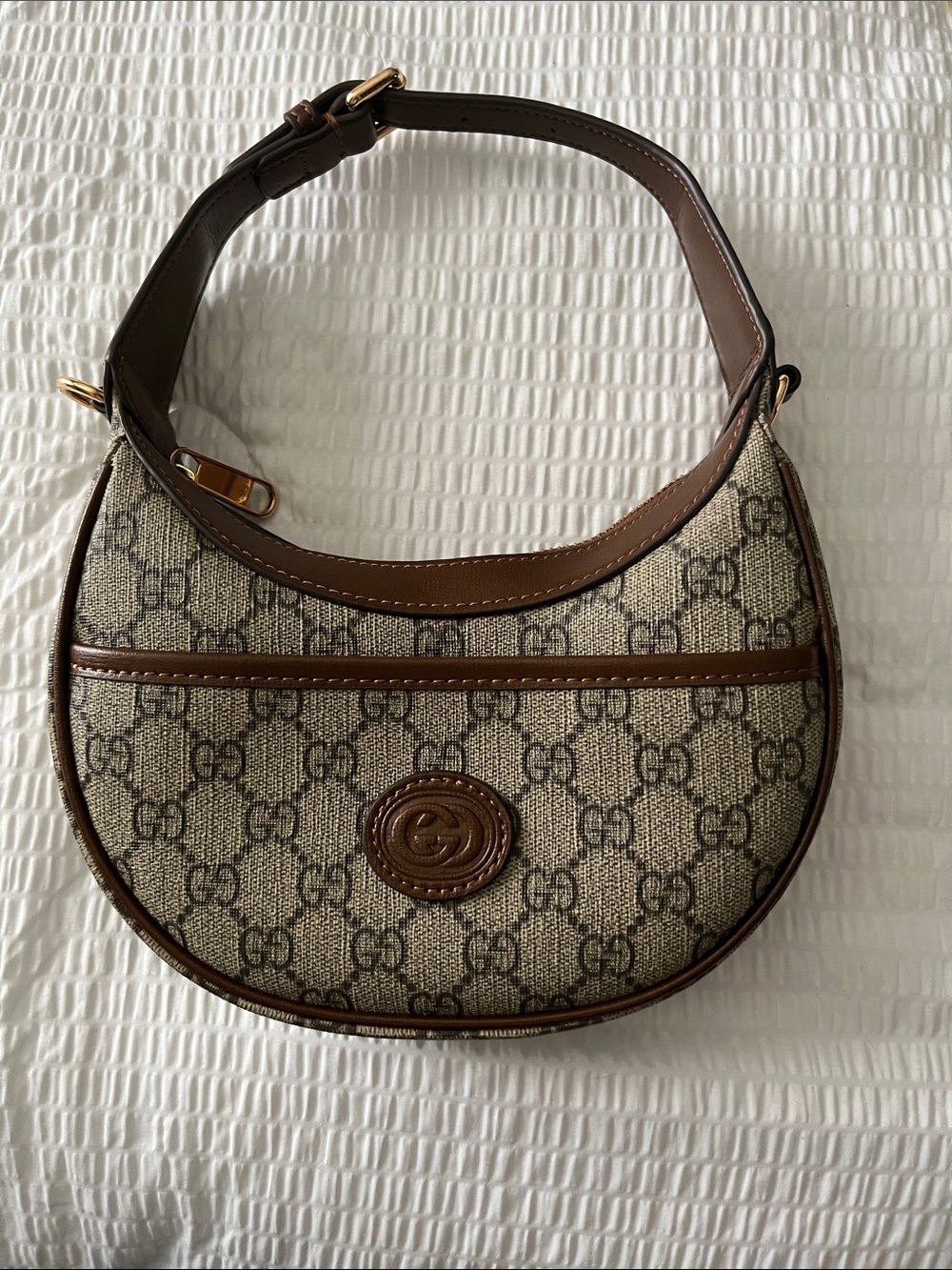 Gucci Beige GG Canvas Brown Leather Crescent Shoulder Bag